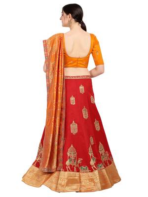 Red embroidered art silk semi stitched lehenga 3