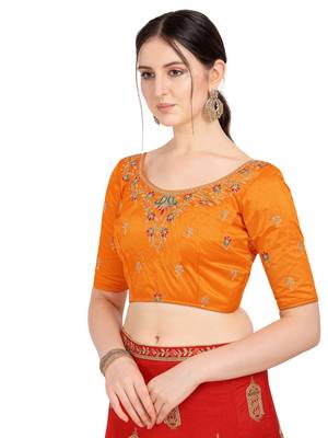 Red embroidered art silk semi stitched lehenga 4