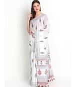 White Hand Block Printed Cotton Malmal Saree With Traditional Design & Red Tessels on Pallu