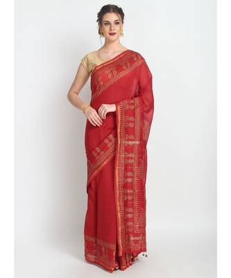 Red Hand Block Printed Silk Chanderi Saree With Traditional Design & Golden Tessels On Pallu 1