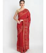Red Hand Block Printed Silk Chanderi Saree With Traditional Design & Golden Tessels On Pallu