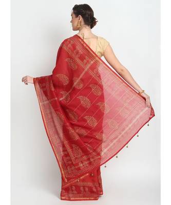 Red Hand Block Printed Silk Chanderi Saree With Traditional Design & Golden Tessels On Pallu 2
