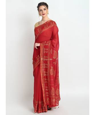Red Hand Block Printed Silk Chanderi Saree With Traditional Design & Golden Tessels On Pallu 3