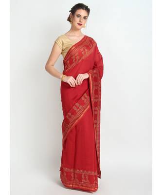 Red Hand Block Printed Silk Chanderi Saree With Traditional Design & Golden Tessels On Pallu 4