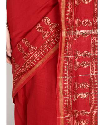 Red Hand Block Printed Silk Chanderi Saree With Traditional Design & Golden Tessels On Pallu 5