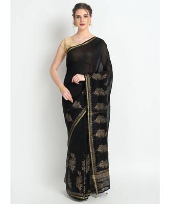 Black Hand Block Printed Silk Chanderi Saree With Traditional Design & Golden Tessels On Pallu 1