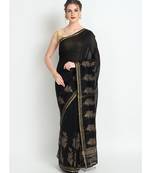 Black Hand Block Printed Silk Chanderi Saree With Traditional Design & Golden Tessels On Pallu