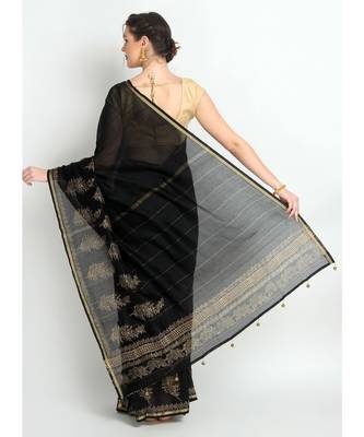 Black Hand Block Printed Silk Chanderi Saree With Traditional Design & Golden Tessels On Pallu 2