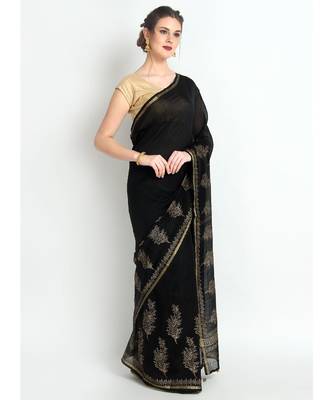 Black Hand Block Printed Silk Chanderi Saree With Traditional Design & Golden Tessels On Pallu 3