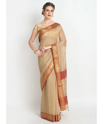 Beige Silk Chanderi Handloom Saree 1