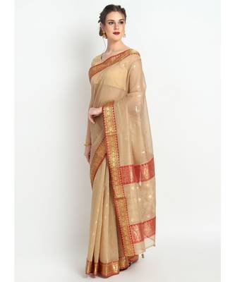 Beige Silk Chanderi Handloom Saree 3