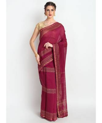 Magenta Hand Block Printed Silk Chanderi Saree With Traditional Design & Golden Tessels On Pallu 1