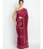 Magenta Hand Block Printed Silk Chanderi Saree With Traditional Design & Golden Tessels On Pallu