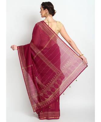 Magenta Hand Block Printed Silk Chanderi Saree With Traditional Design & Golden Tessels On Pallu 2