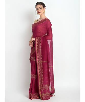 Magenta Hand Block Printed Silk Chanderi Saree With Traditional Design & Golden Tessels On Pallu 3
