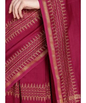 Magenta Hand Block Printed Silk Chanderi Saree With Traditional Design & Golden Tessels On Pallu 4