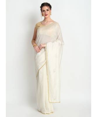 White Pure Georgette Saree With Hand Embroidery 1