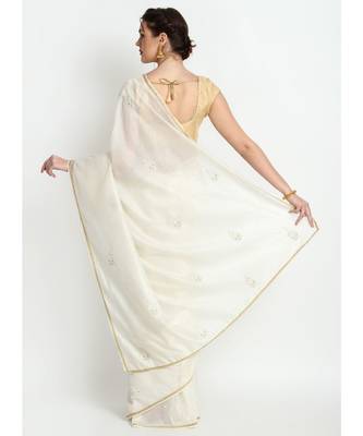 White Pure Georgette Saree With Hand Embroidery 2
