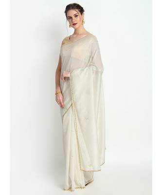 White Pure Georgette Saree With Hand Embroidery 3