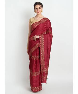 Maroon Hand Block Printed Tussar Silk Saree  With Contemporary Design & Golden Tessels On Pallu 1