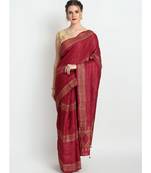 Maroon Hand Block Printed Tussar Silk Saree  With Contemporary Design & Golden Tessels On Pallu