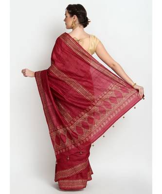 Maroon Hand Block Printed Tussar Silk Saree  With Contemporary Design & Golden Tessels On Pallu 2