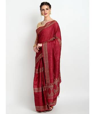 Maroon Hand Block Printed Tussar Silk Saree  With Contemporary Design & Golden Tessels On Pallu 3