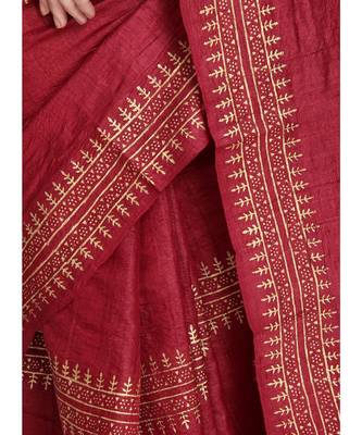 Maroon Hand Block Printed Tussar Silk Saree  With Contemporary Design & Golden Tessels On Pallu 4