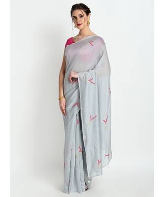 Grey Silk Chanderi Saree With Hand Embroidery 1