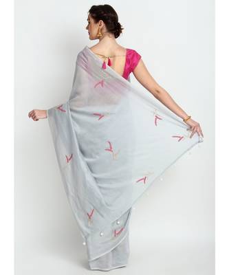 Grey Silk Chanderi Saree With Hand Embroidery 2