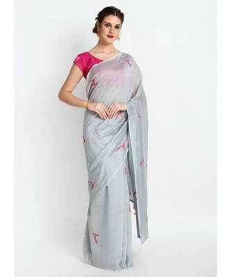 Grey Silk Chanderi Saree With Hand Embroidery 3