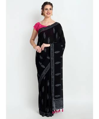 Black Hand Block Printed Cotton Malmal Saree With Traditional Design & Pink Tessels on Pallu 1