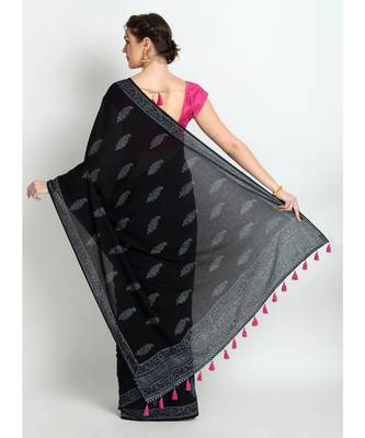 Black Hand Block Printed Cotton Malmal Saree With Traditional Design & Pink Tessels on Pallu 2