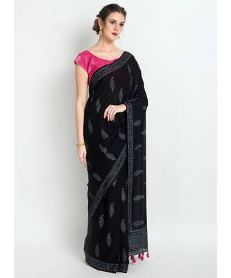 Black Hand Block Printed Cotton Malmal Saree With Traditional Design & Pink Tessels on Pallu 4