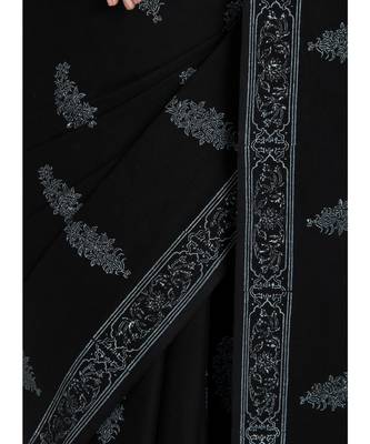 Black Hand Block Printed Cotton Malmal Saree With Traditional Design & Pink Tessels on Pallu 5