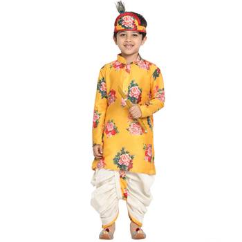 Yellow Printed Blended Cotton Boys-Dhoti-Kurta 1