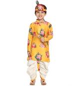 Yellow Printed Blended Cotton Boys-Dhoti-Kurta
