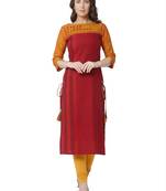 women's red  colour  embroidered cotton straight kurta