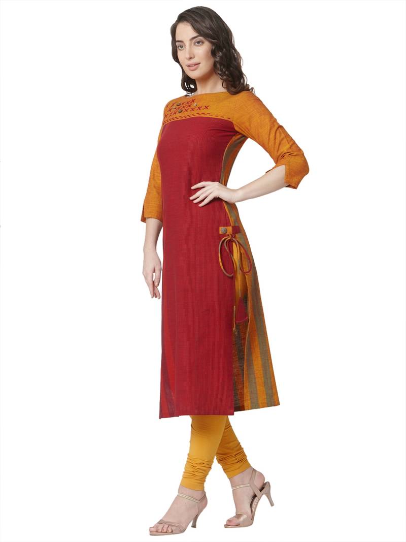 women's red  colour  embroidered cotton straight kurta