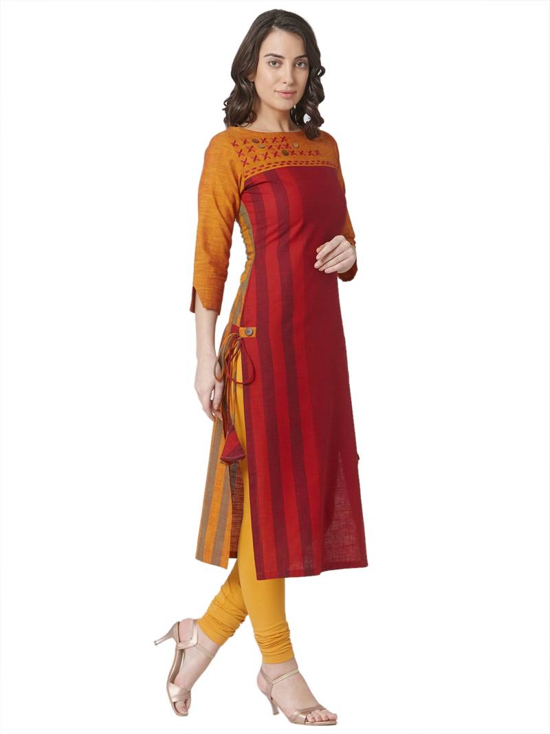 women's red  colour  embroidered cotton straight kurta