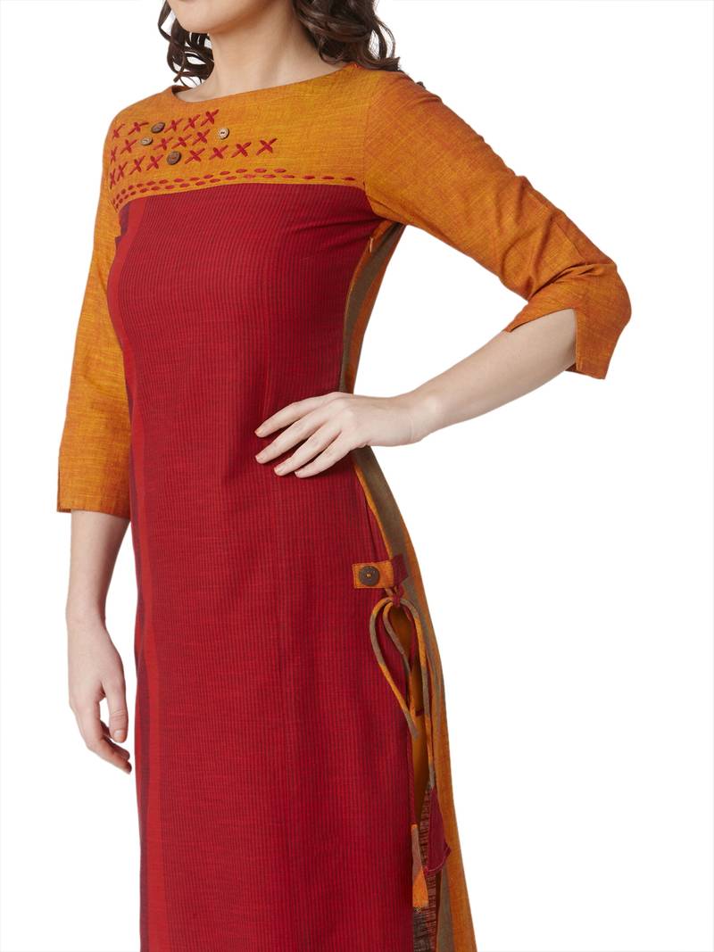 women's red  colour  embroidered cotton straight kurta