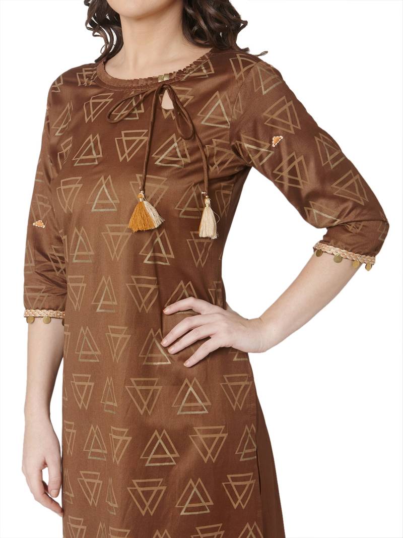 women's  brown colour  embroidered chanderi  straight kurta