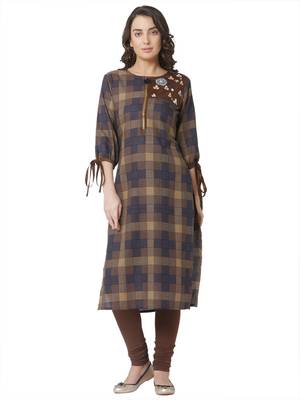 women's brown colour  embroidered cotton straight kurta 1