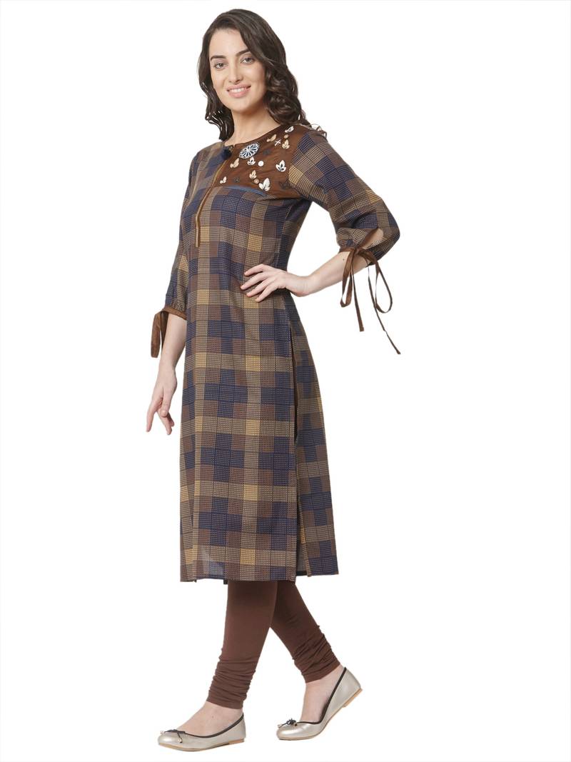 women's brown colour  embroidered cotton straight kurta