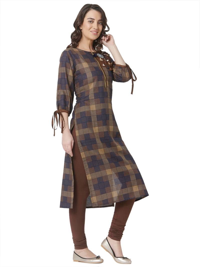 women's brown colour  embroidered cotton straight kurta
