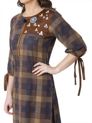 women's brown colour  embroidered cotton straight kurta 4