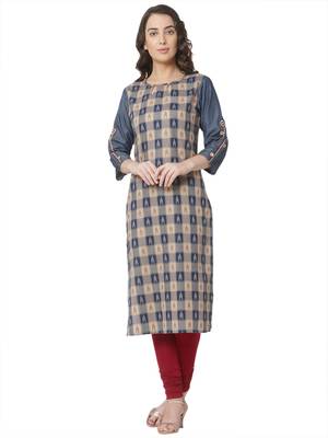 women's beige colour  embroidered cotton straight kurta 1