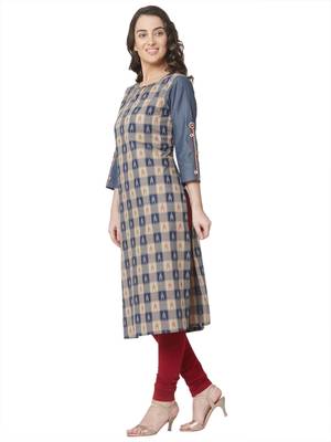 women's beige colour  embroidered cotton straight kurta 2