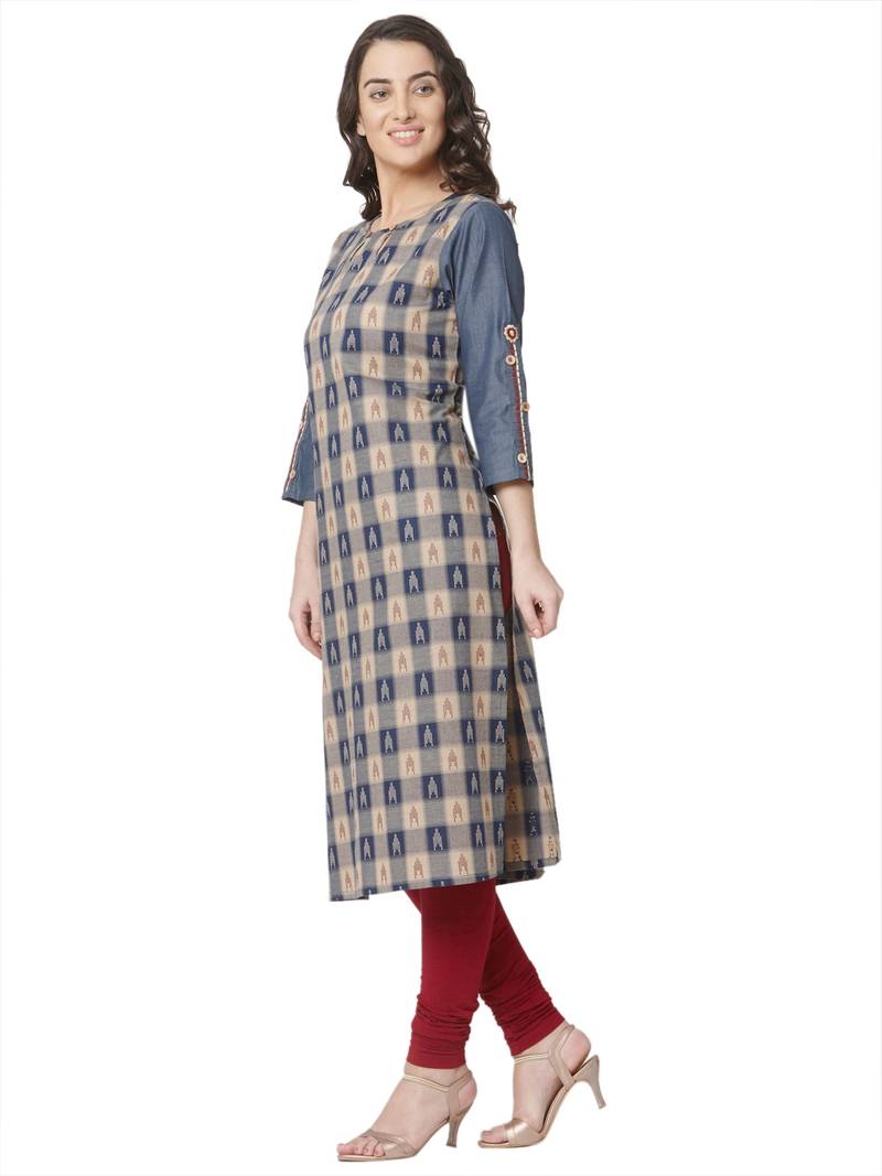 women's beige colour  embroidered cotton straight kurta