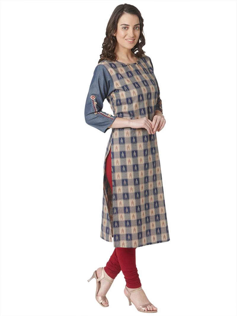 women's beige colour  embroidered cotton straight kurta